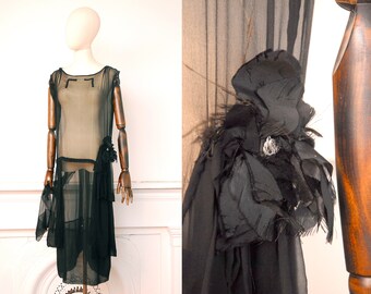 1920s Chiffon Dress w/ Flower & Beading