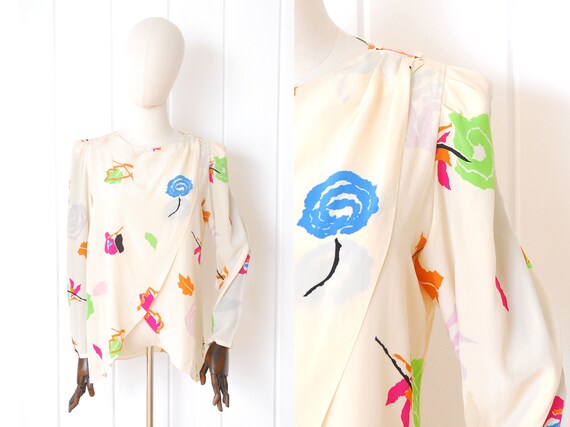 1970s Silk Nora Noh Tulip Hem Blouse - image 1