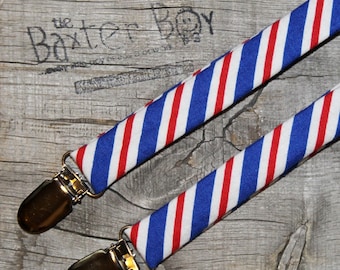 Ready-to-Ship --- SIZE MEDIUM Red, White & Blue diagonal stripe little boy suspenders - photo prop, wedding, ring bearer, accessory