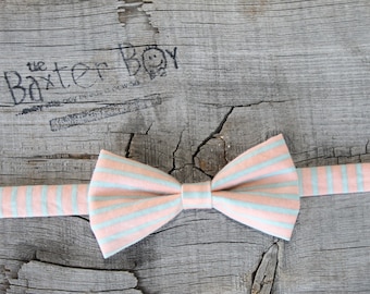 READY TO SHIP ---- Peach and Grey stripe little boy bow tie - photo prop, wedding, ring bearer, accessory