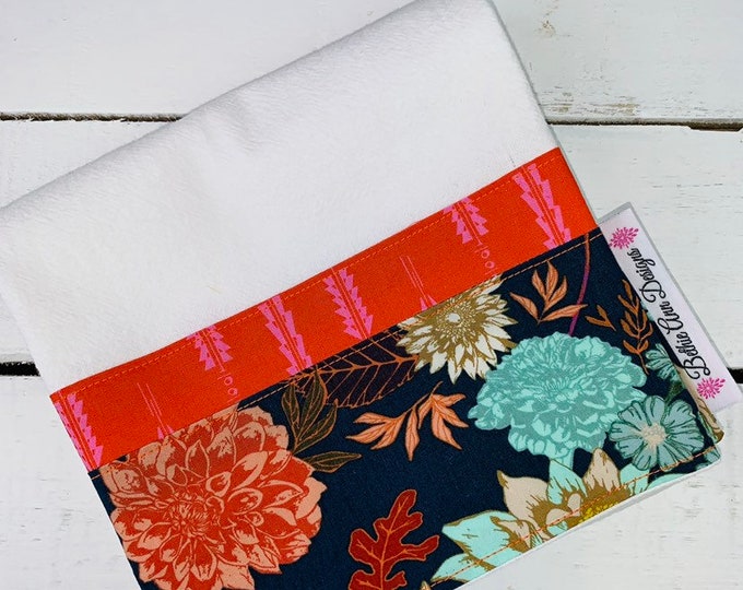 FREE DOMESTIC SHIPPING Flour Sack Kitchen Towel with Navy Floral Border
