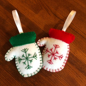 Handsewn felt mitten Christmas ornaments. 6 colors available