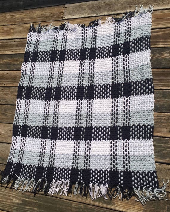Crocheted and Woven Plaid Blanket in Blues and White Blue and Etsy