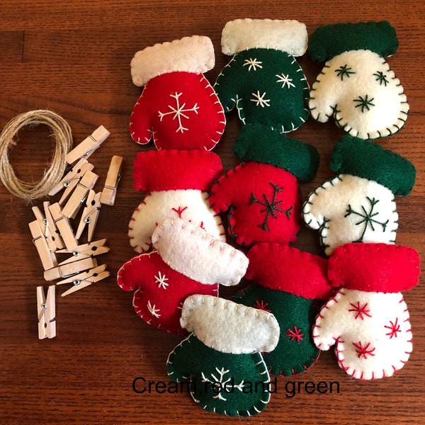 Handsewn felt Christmas mitten garland,  3 color combos available