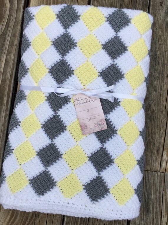Whitegray and yellow checkered baby blanket or lap throw Etsy