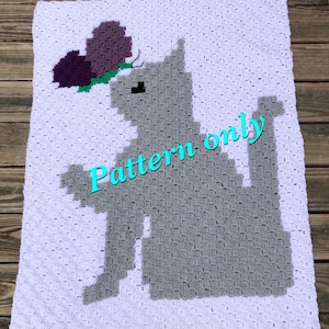 May include: A crochet pattern for a grey cat with a purple butterfly on a white background. The text "Pattern only" is superimposed on the image.