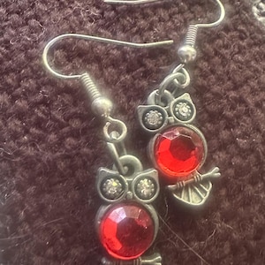 Owl Earrings with red stone