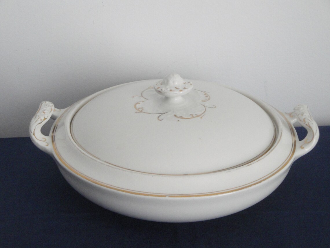 Antique Serving Bowl Alfred Meakin England Lidded White & Gold Etsy