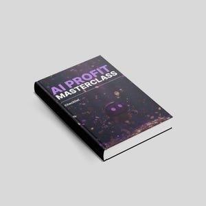 Peut inclure: Un livre intitul&eacute; "AI PROFIT MASTERCLASS" avec du texte violet sur une couverture sombre. La couverture pr&eacute;sente une illustration de robot et le mot "Checklist". Le livre a une tranche noire et des pages blanches.