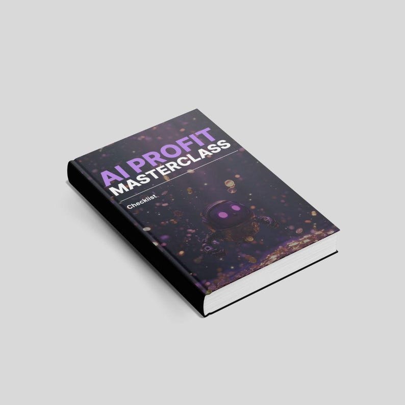Peut inclure: Un livre intitul&eacute; "AI PROFIT MASTERCLASS" avec du texte violet sur une couverture sombre. La couverture pr&eacute;sente une illustration de robot et le mot "Checklist". Le livre a une tranche noire et des pages blanches.