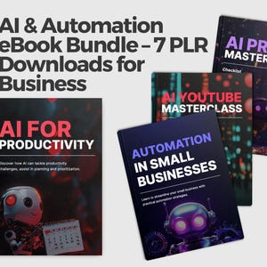 Peut inclure: Un ensemble de livres &eacute;lectroniques intitul&eacute; "AI & Automation" avec sept t&eacute;l&eacute;chargements PLR pour les entreprises. L'image montre plusieurs couvertures de livres avec des titres tels que "AI for Productivity" et "Automation in Small Businesses".
