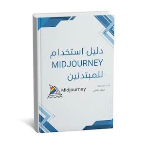 May include: A white book with the title "Midjourney for Beginners" in Arabic and English. The cover features blue geometric shapes and a logo of a rainbow-colored sailboat. The book is a guide to using Midjourney.