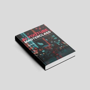 Peut inclure: Un livre intitul&eacute; "AI YouTube Masterclass" avec le mot "Checklist" en dessous du titre. La couverture pr&eacute;sente un paysage urbain flou avec des lumi&egrave;res rouges, bleues et blanches et une figure de robot.