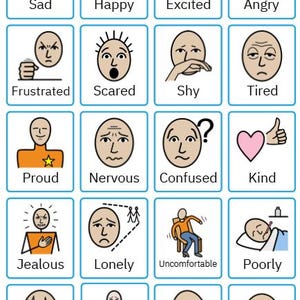 May include: A grid of twenty rectangular cards featuring illustrations of facial expressions and emotions. Each card contains a line drawing of a face or figure with a label underneath, including Sad, Happy, Excited, Angry, Frustrated, Scared, Shy, Tired, Proud, Nervous, Confused, Kind, Jealous, Lonely, Uncomfortable, Poorly, Hot, Cold, Bored, and Embarrassed.