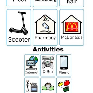 May include: A collection of illustrated activity cards. The cards depict various activities such as "Treat", "Gardening", "Wash hair", "Scooter", "Pharmacy", "McDonalds", "Internet", "X-Box", "Phone", "Cook", "Bake", "Party", "Special event", "Birthday", and "Netflix".