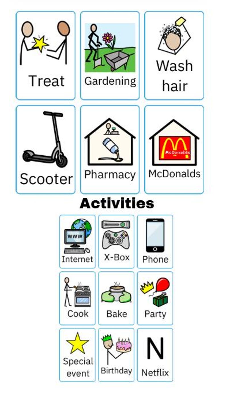 May include: A collection of illustrated activity cards. The cards depict various activities such as "Treat", "Gardening", "Wash hair", "Scooter", "Pharmacy", "McDonalds", "Internet", "X-Box", "Phone", "Cook", "Bake", "Party", "Special event", "Birthday", and "Netflix".
