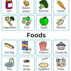 May include: A grid of illustrated food items, including jam, a baked potato, broccoli, and a carrot. Other items include vegetables, fruit, an apple, and a banana. The word "Foods" is centered below the first row of images. Additional items include a hot dog, crisps, popcorn, and a casserole.