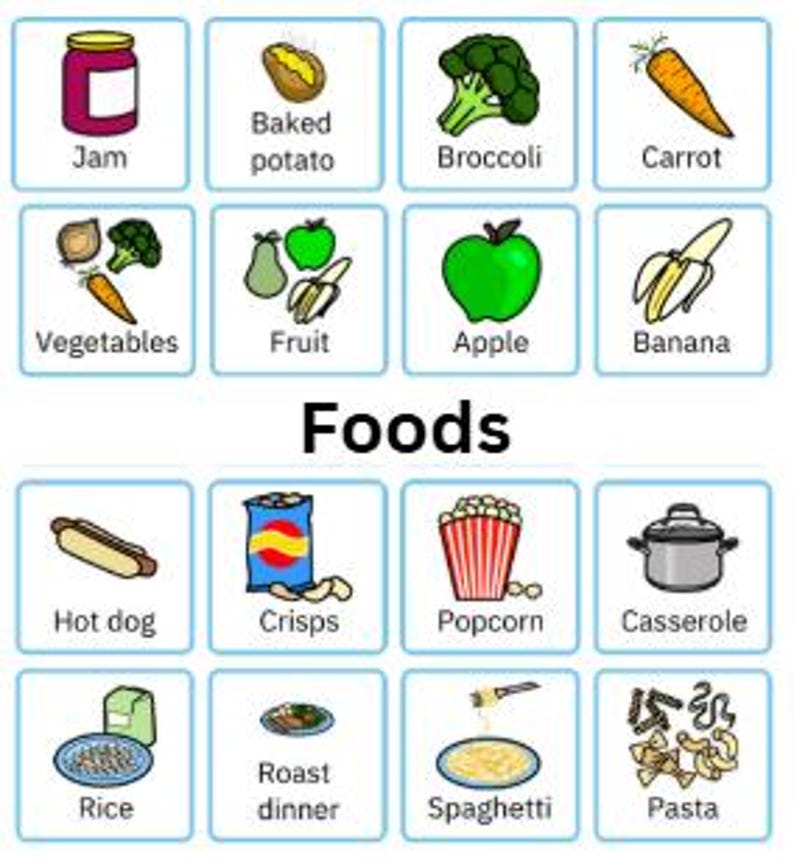 May include: A grid of illustrated food items, including jam, a baked potato, broccoli, and a carrot. Other items include vegetables, fruit, an apple, and a banana. The word "Foods" is centered below the first row of images. Additional items include a hot dog, crisps, popcorn, and a casserole.