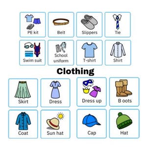 May include: A collection of illustrated clothing items, including a PE kit, belt, slippers, tie, swimsuit, school uniform, T-shirt, shirt, skirt, dress, dress-up, boots, coat, sun hat, cap, and hat. The word "Clothing" is written in the center.