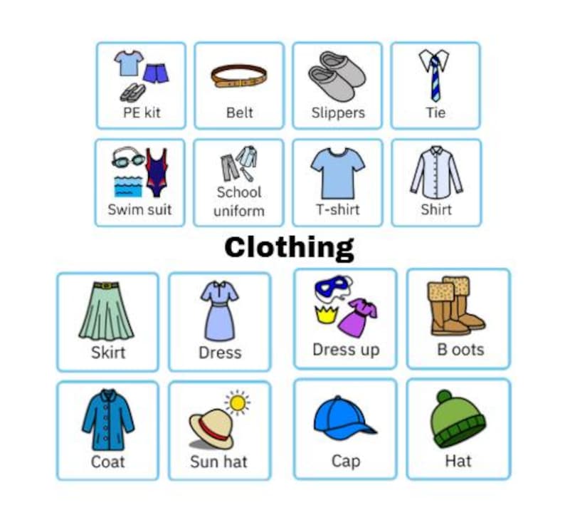 May include: A collection of illustrated clothing items, including a PE kit, belt, slippers, tie, swimsuit, school uniform, T-shirt, shirt, skirt, dress, dress-up, boots, coat, sun hat, cap, and hat. The word "Clothing" is written in the center.