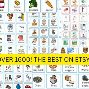 May include: A grid of illustrated cards featuring various objects, foods, and activities. The cards include images of a carrot, broccoli, pizza, and waffles. A yellow banner at the bottom reads "OVER 1600! THE BEST ON ETSY!"