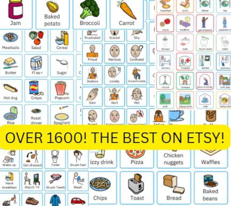 May include: A grid of illustrated cards featuring various objects, foods, and activities. The cards include images of a carrot, broccoli, pizza, and waffles. A yellow banner at the bottom reads "OVER 1600! THE BEST ON ETSY!"