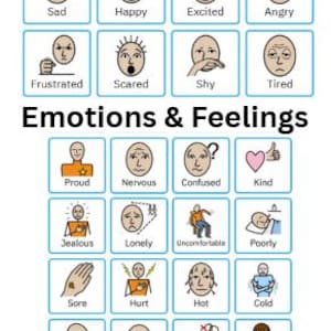 A visual aid titled "Emotions & Feelings" displaying a grid of illustrated faces. Each face represents a different emotion, such as "Sad," "Happy," and "Angry," alongside labels like "Frustrated," "Scared," and "Tired." Over 1600 Cards in total, helping those with Autism or communication needs.