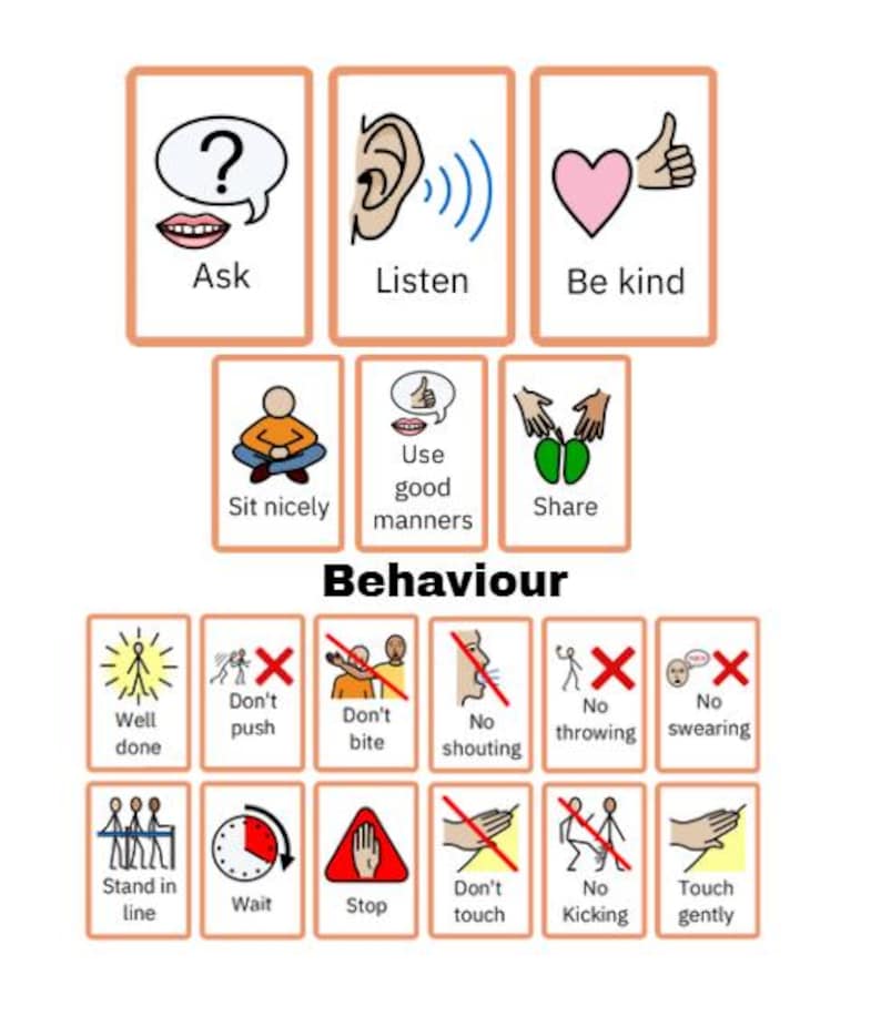 May include: A collection of illustrated cards with behavioral instructions. The cards feature icons and text such as "Ask," "Listen," "Be kind," "Sit nicely," and "Share." Additional cards depict actions to avoid, like "Don't push" and "No shouting."