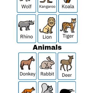 May include: A set of animal flashcards with illustrations of a wolf, kangaroo, koala, rhino, lion, tiger, donkey, rabbit, deer, fox, squirrel, and badger. The word "Animals" is written in the center.