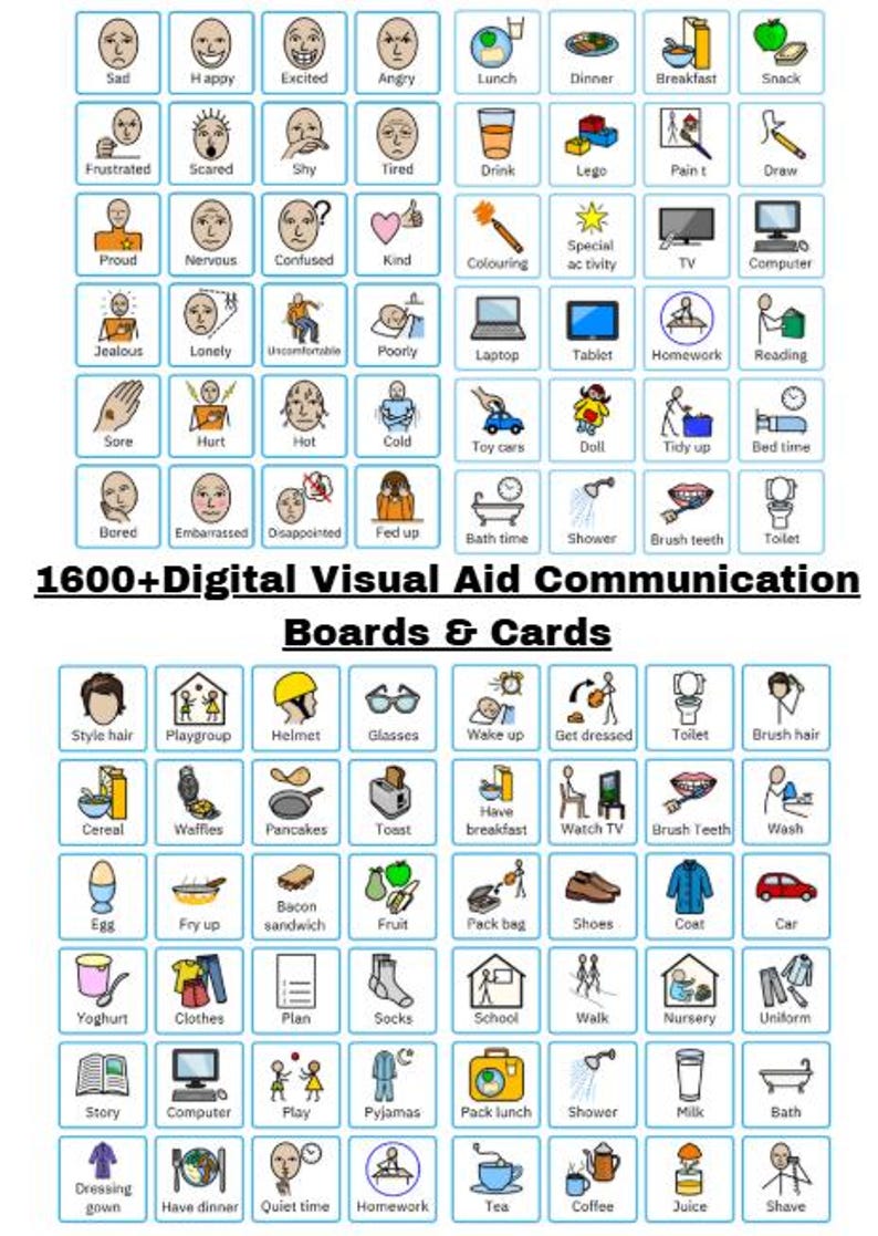 Collection of printable digital communication cards for autism support and alternative communication, Cards include Foods, Clothing, Emotions, Animals, Places, Objects, Time & Dates  & Many More, Over 1600 Cards in total, A full range of communication cards that can be used straight away.