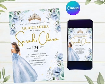 Invitación Dusty Blue Quinceañera, Invitación Dusty Blue Floral Mis Quince Años, Plantilla de invitación EDITABLE, Canva Quinceañera Digital