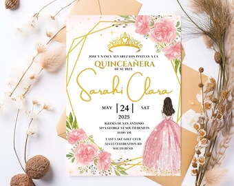 Plantilla de Invitación de Quinceañera Rosa, Plantilla de Invitación Canva Rosa Editable, Invitación Rosa Mis Quince Años, Invitación Princesa Rosa.