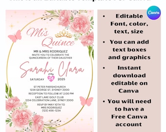 Plantilla de invitación Rose Gold Quince Años, Invitación editable Mis Quince Años, Plantilla de invitación elegante Rose Gold, Invitación editable Canva