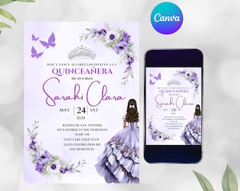 Invitación Lavanda Mis XV Años, Invitación Quinceañera Lavanda y Plata, Plantilla de Invitación Editable Canva, Invitación Floral, Invitación DIY.