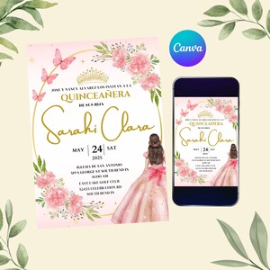 Pink Quinceañera Invitation, Canva EDITABLE Invitation Template, Mis quince Años Invite, Pink Princess invitation, Floral Invite, Digital.