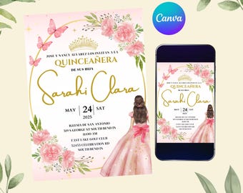 Invitación Quinceañera Rosa, Plantilla de Invitación EDITABLE Canva, Invitación Mis quince Años, Invitación Princesa Rosa, Invitación Floral, Digital.