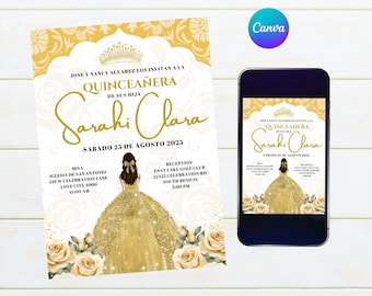 Invitación a Quinceañera con champán, Plantilla EDITABLE de invitación a fiesta de cumpleaños número 15, Beige Mis Quince Anos, Descarga instantánea, Invitación Canva.