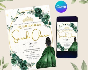 Quinceañera Verde Esmeralda, Plantilla de Invitación Canva, Plantilla de Invitación EDITABLE Floral Verde Esmeralda, Invitación Mis XV años, Inv Digital