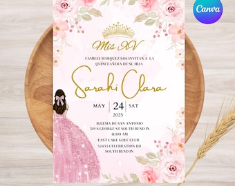 Plantilla de invitación floral rosa, invitación rosa Mis XV Años, plantilla de invitación editable Canva Quince Años, princesa rosa Mis Quince Años.