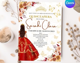 Plantilla de Invitación Roja Quince Años, Invitación Editable Canva, Invitación Mis Quince Años, Invitación Floral Roja Mis XV Años, Quinceañera Roja.