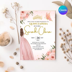 Pink Quince Años Invitation, Pink Quinceañera Invitation Template, Mis Quince Años Invitation Template, Canva Editable Invitation, Pink XV.