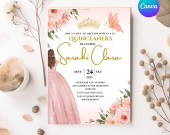 Invitación Rosa Quince Años, Plantilla de Invitación Rosa Quinceañera, Plantilla de Invitación Mis Quince Años, Invitación Editable Canva, Rosa XV.