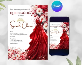 Invitación Quinceañera Vestido Rojo, Plantilla de Invitación EDITABLE, XV Años Floral Rojo, Invitación Mis XV Años, Descarga Instantánea, Invitación Quince.