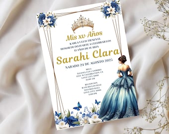 Plantilla de invitación azul real, plantilla de invitación de quince años, plantilla de invitación editable azul real, invitación editable de Canva.