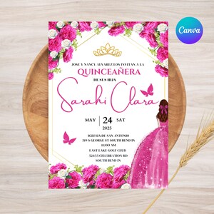Elegant Fuchsia Pink Quinceañera Invitation Template, Pink Floral Editable Invitation, Mis XV Años Canva Invitation Template, Quince invite.