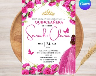 Elegante Plantilla de Invitación de Quinceañera Rosa Fucsia, Invitación Editable Floral Rosa, Plantilla de Invitación Canva Mis XV Años, Invitación de Quince.