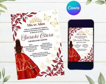 Invitación Roja Mis Quince Años, Plantilla de Invitación Editable Canva, Invitación Roja Quinceañera, Invitación Príncipes Rojos XV Años. Plantilla Digital