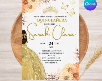 Invitación Gold Quince Años, Plantilla de Invitación Editable Gold Quinceañera, Invitación Mis Años, Plantilla de Invitación Editable Canva, XV Años