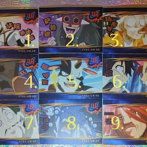 Peut inclure: Neuf cartes à collectionner avec des illustrations de style anime. Chaque carte présente un design de personnage différent, avec des couleurs vives et des poses dynamiques. Les cartes sont numérotées et comportent du texte en langue étrangère.
