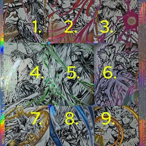 May include: Nine trading cards with detailed black and white illustrations of anime characters. Each card features a unique design with varying color accents and a holographic border. Numbers 1-9 are visible on the cards.